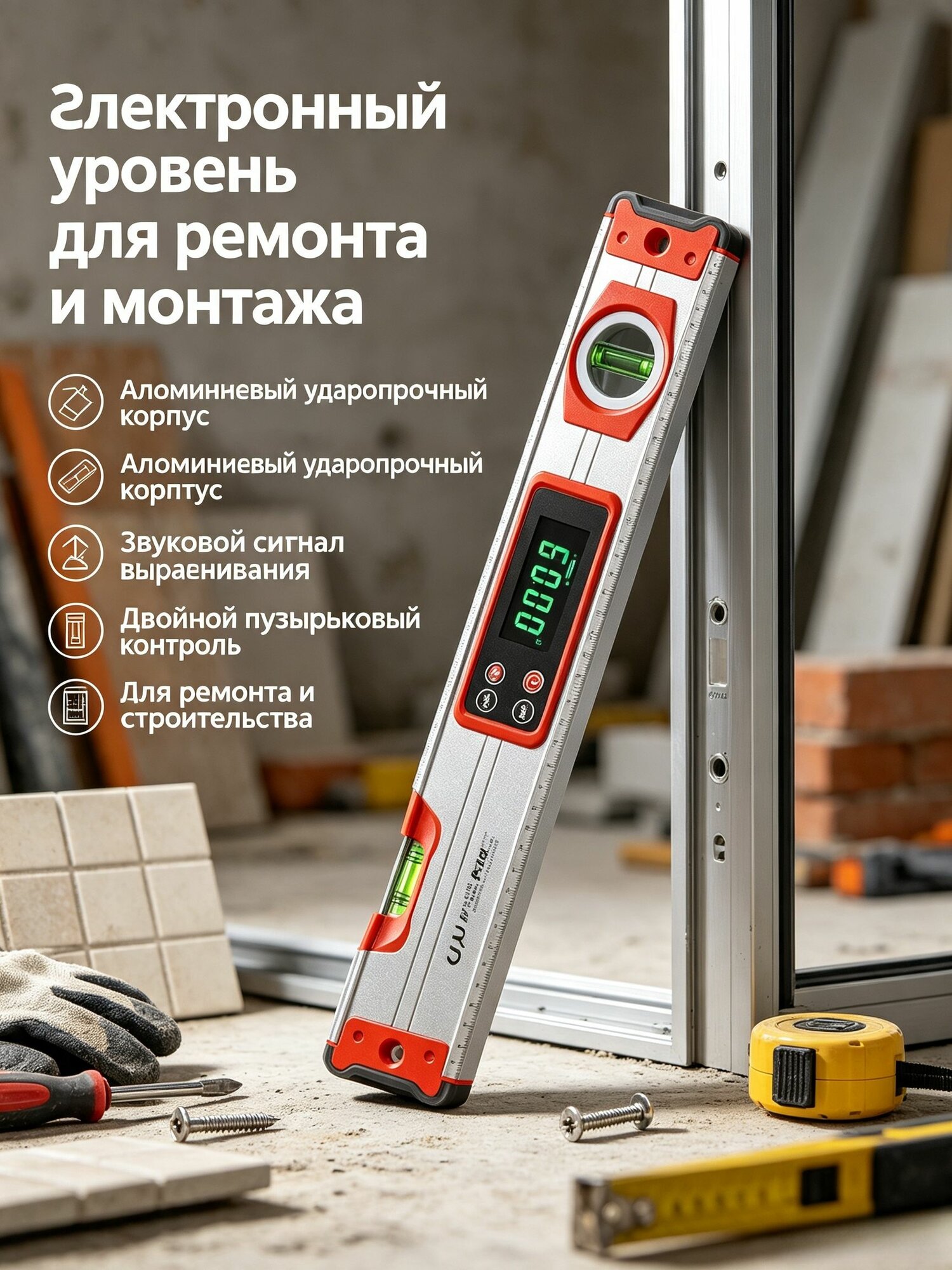 Цифровой уровень 400 мм, электронный угломер с магнитом, алюминиевый корпус, звуковой сигнал, измерение наклона и вертикали для строительства и ремонта