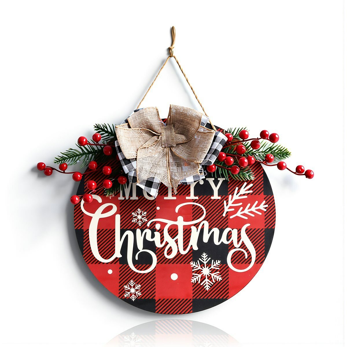 Рождественская подвеска из дерева круглая белая основа с надписью Merry Christmas для декора дома во время зимних праздников, Красно-черная клетчатая версия с надписью Merry Christmas