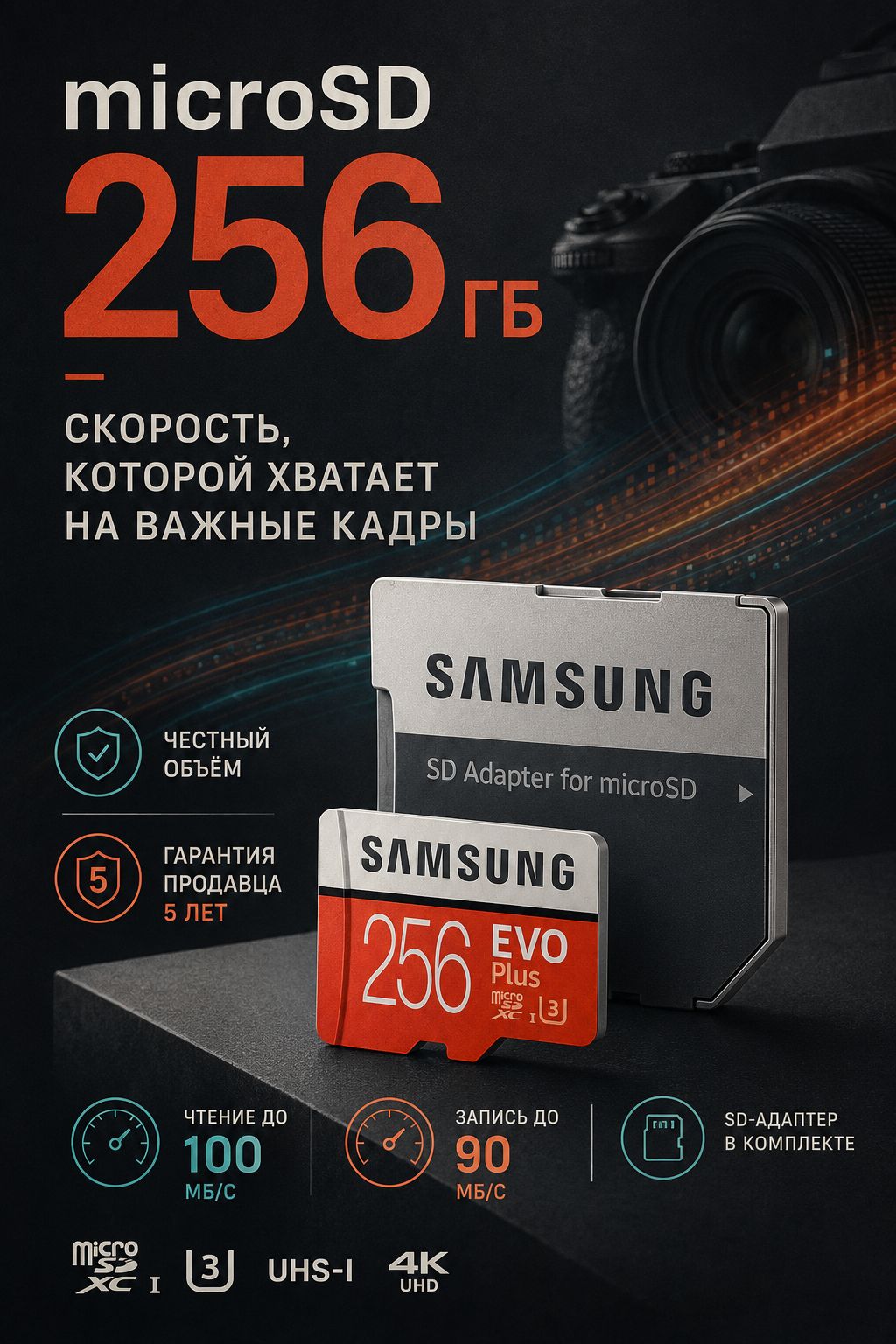 256 МБ Карта памяти microSDXC EVO Plus (MB-MC512SA), UHS-I U3, Class 10, запись - 160 Мбайт/сек, чтение - 160 Мбайт/сек, Карта памяти Evo Plus 256 MicroSDАдаптер