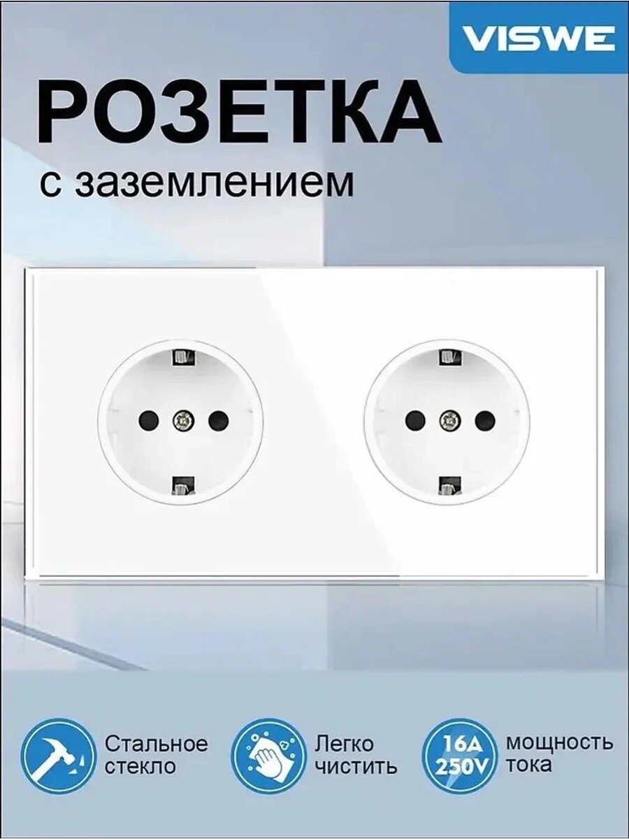 Евророзетка с двумя выходами, заземлением и защитными шторками, ударопрочная, IP20, стеклянная рамка, белая