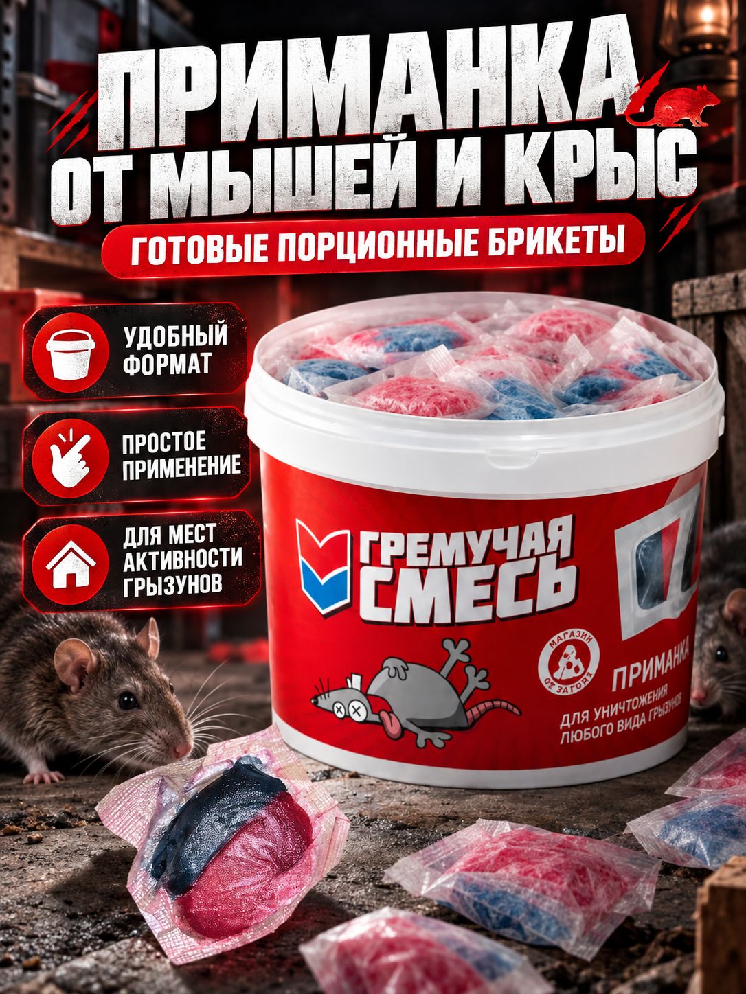 Мощная отрава для мышей и крыс. Гремучая смесь. 40 тестобрикетов с ядом.