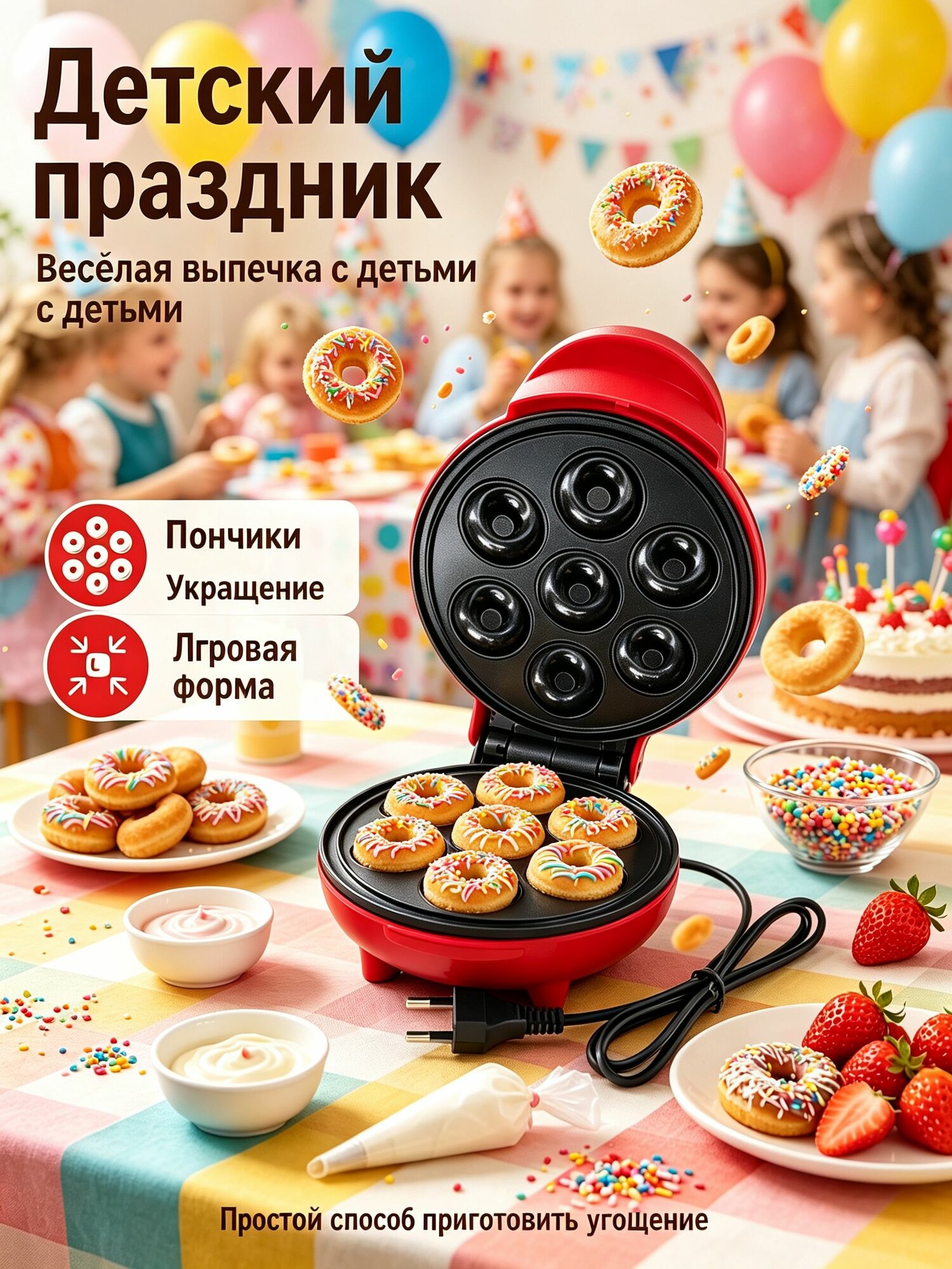 Мини машина для пончиков на 7 форм, антипригарное покрытие, домашняя выпечка, аппарат для пончиков для завтрака и детских праздников