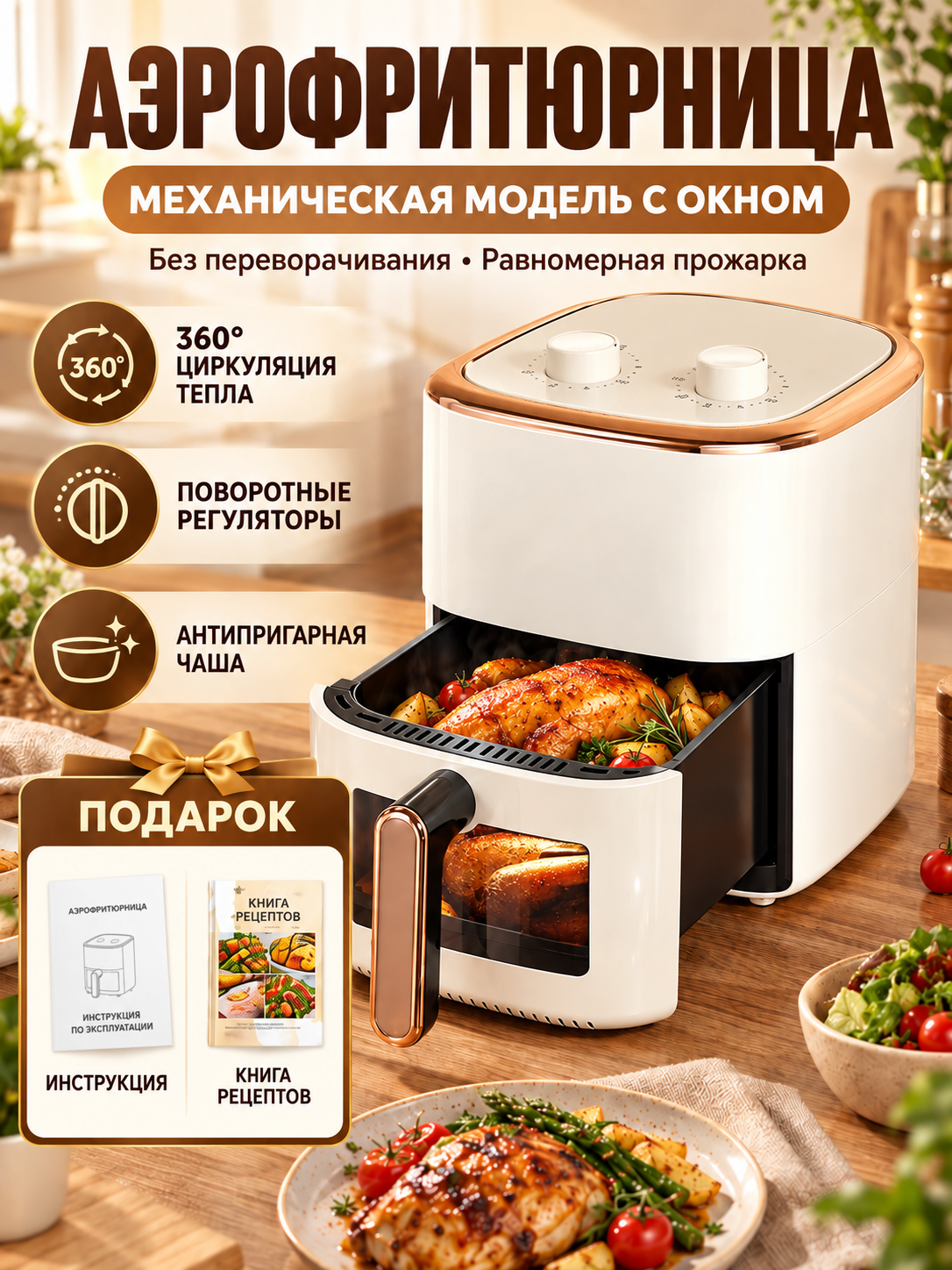 Визуальный аэрогриль мощностью 900 Вт, волнистая антипригарная чаша, циркуляция горячего воздуха, легко очищается