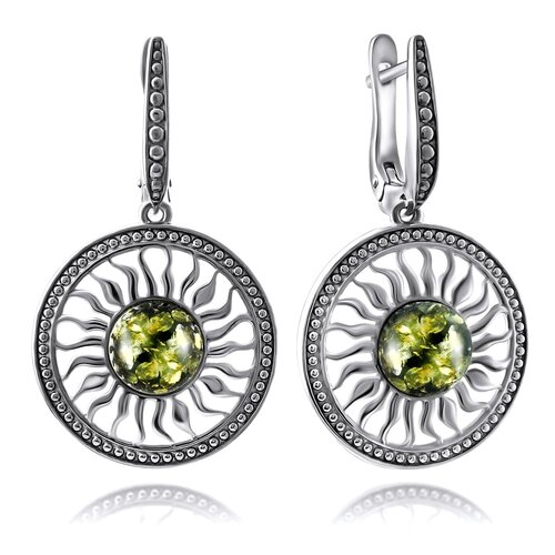 фото Серьги diamant online, серебро, 925 проба, родирование, янтарь, длина 3.5 см, , зеленый