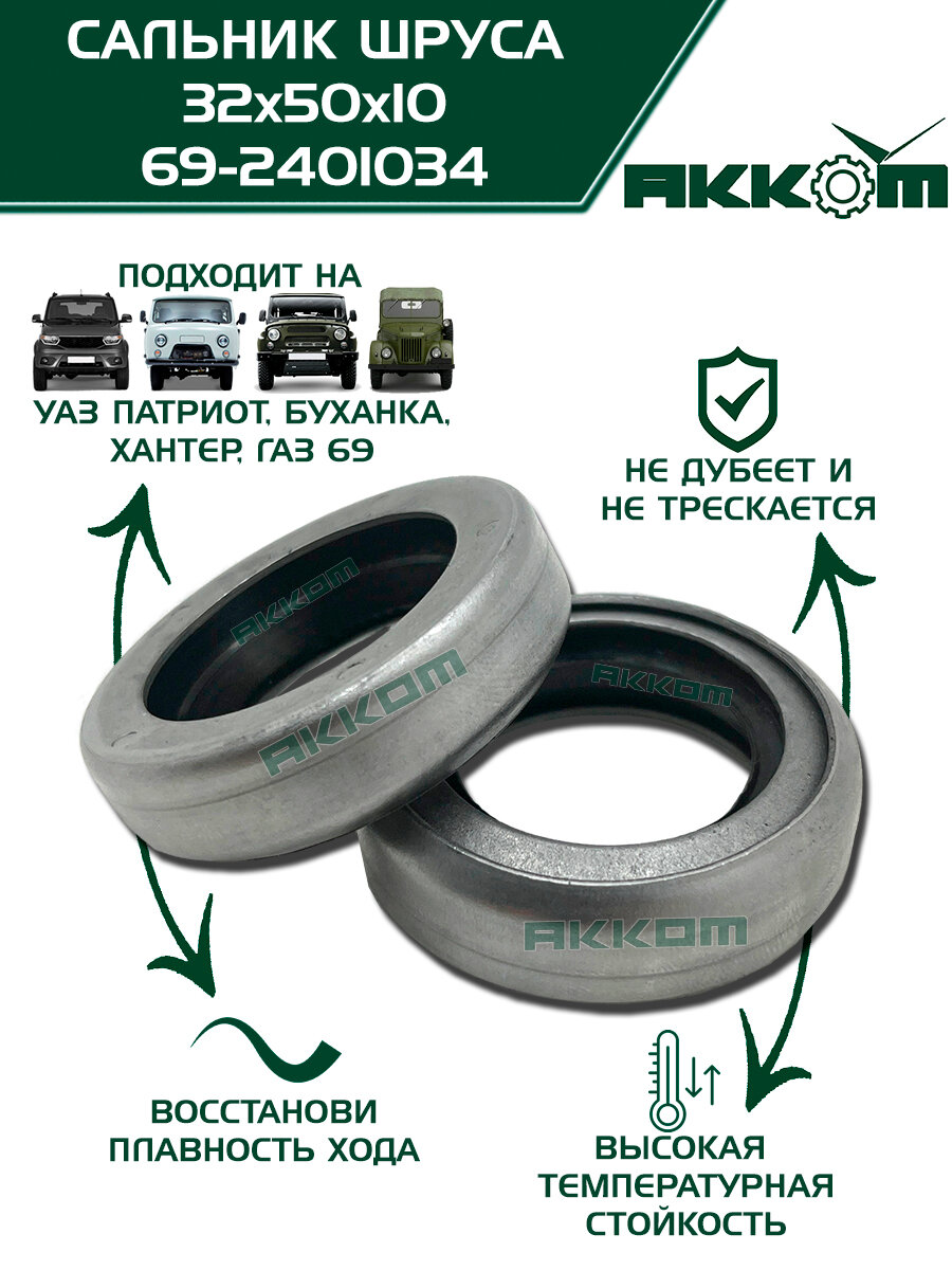 Сальник шруса на а/м УАЗ Патриот, Буханка, Хантер, ГАЗ 69, 32х50х10 в металлической обойме, комплект 2 шт. (Акком) арт. 69-2401034