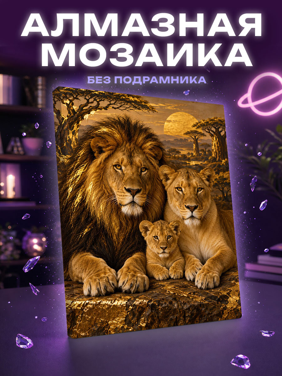 Алмазная мозаика Львиная семья в золотой саванне