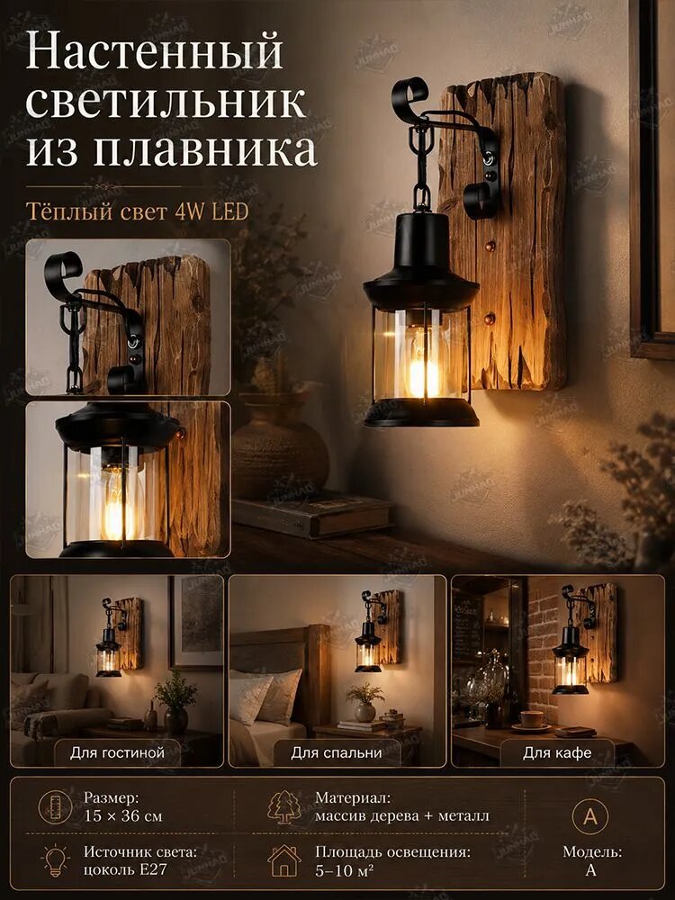 JUNHAO Настенный светильник из плавника, E27, 4 Вт, стекло, ретро, лофт