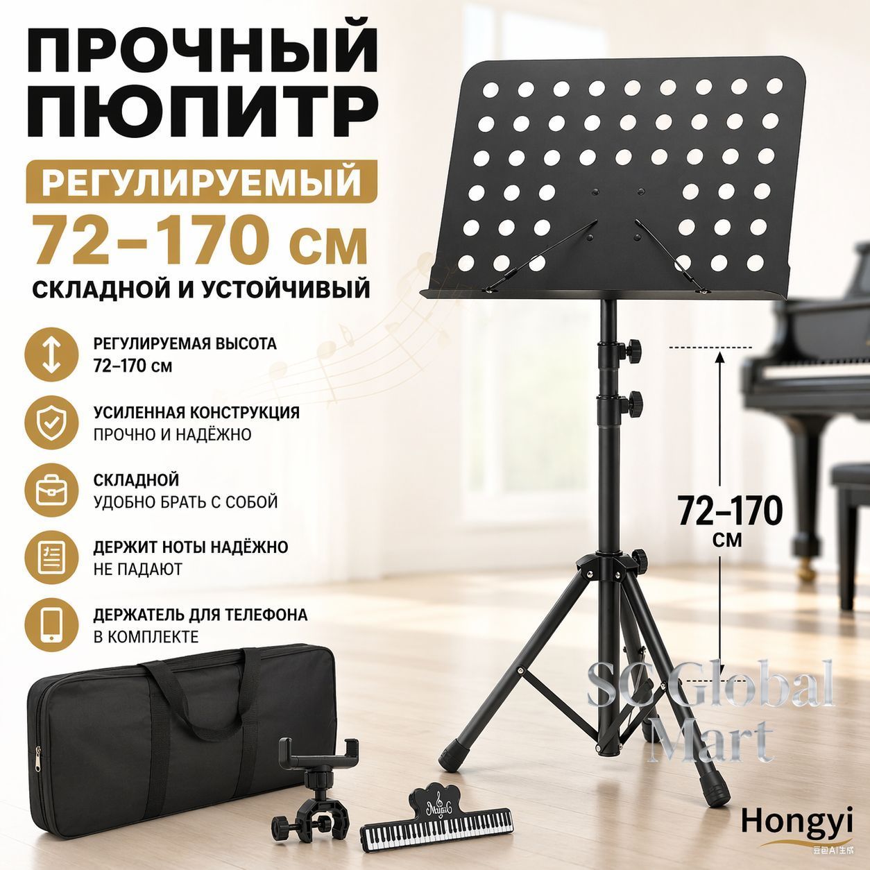 Пюпитр напольный усиленный складной, регулируемый 72 170 см, металлическая стойка для нот с чехлом и держателем телефона