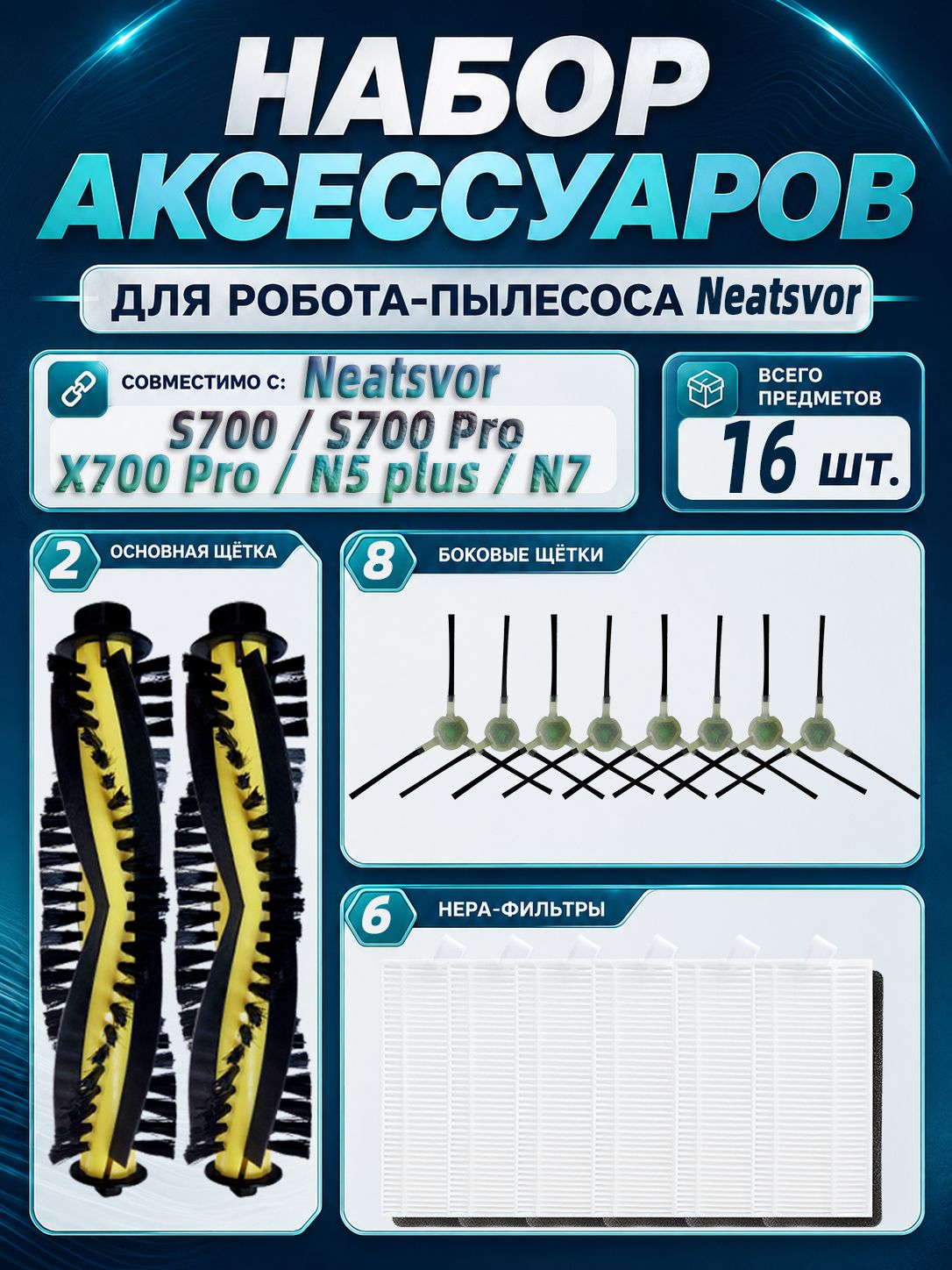 Сменные аксессуары для Neatsvor S700 / S700 Pro / X700 Pro / N5 Plus / N7: роликовая щетка, фильтр, боковые щетки