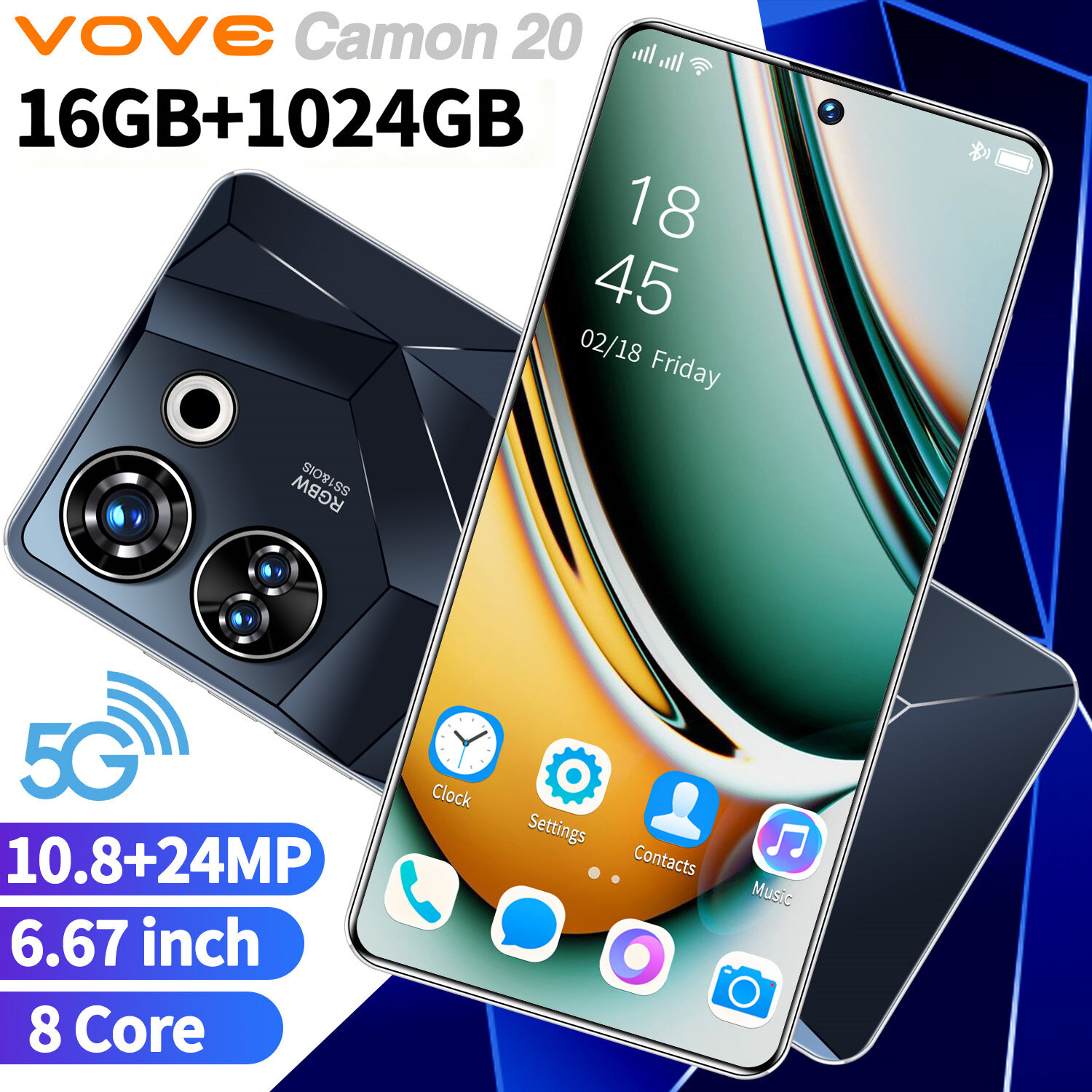 Смартфон Camon20 VOVE, 6.67", 24МП камера, 5000mAh, 1TB, Android 14, черный