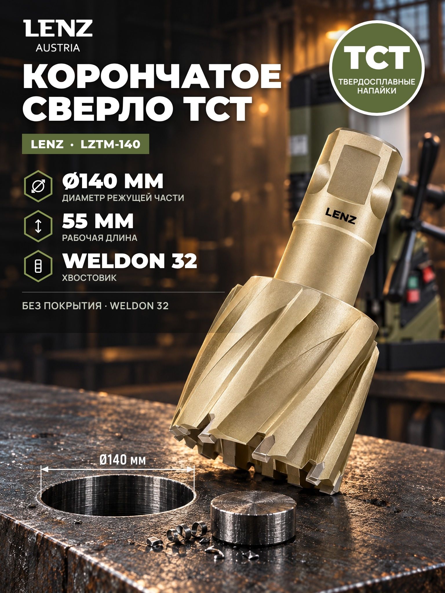 Сверло корончатое по металлу 140х55 мм с твердосплавными напайками, TCT, Weldon 32 / Кольцевая фреза по металлу LENZ
