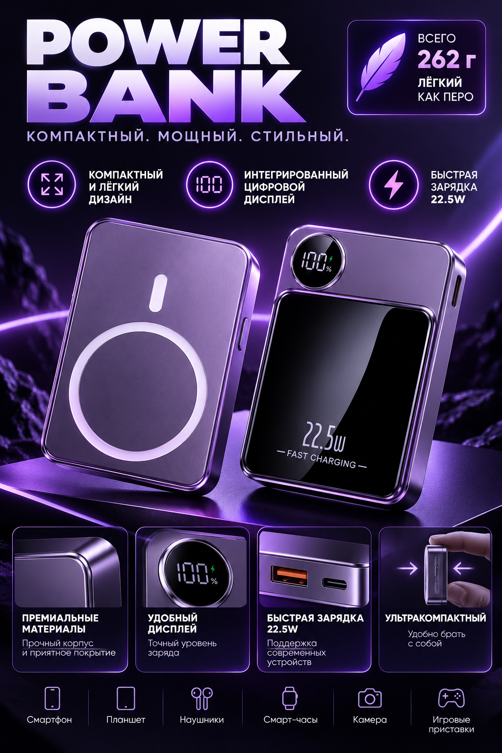 Портативный аккумулятор MASU PowerBank, беспроводная зарядка, 10 000 мАч, 20 W
