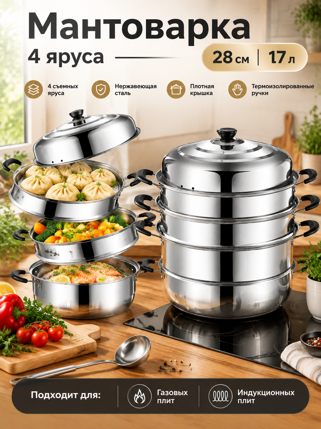 Мантоварка 4 яруса, нержавеющая сталь, 28 см, 17 л — антипригарное покрытие, крышка, ручки
