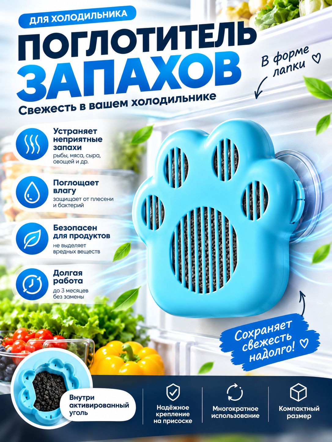 Поглотитель запаха для холодильника и помещений, шкафов угольный, нейтрализатор неприятных запахов