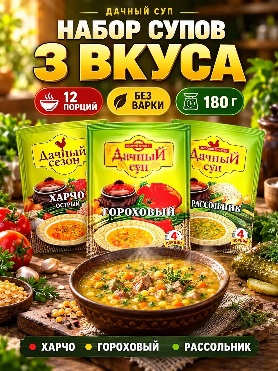 Набор супов 3 вкуса харчо гороховый рассольник 180г — супы быстрого приготовления