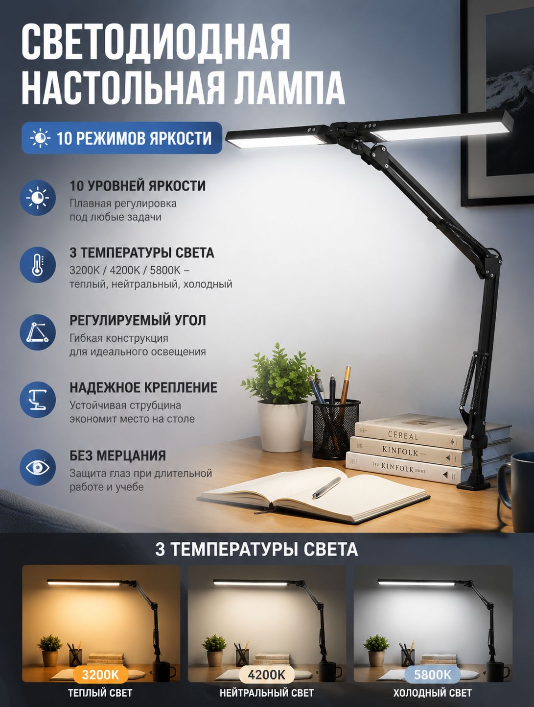 Настольная лампа светодиодная бестеневая 24вт c регулировкой яркости, настольный светильник на струбцине с двойной головкой, AYHOME