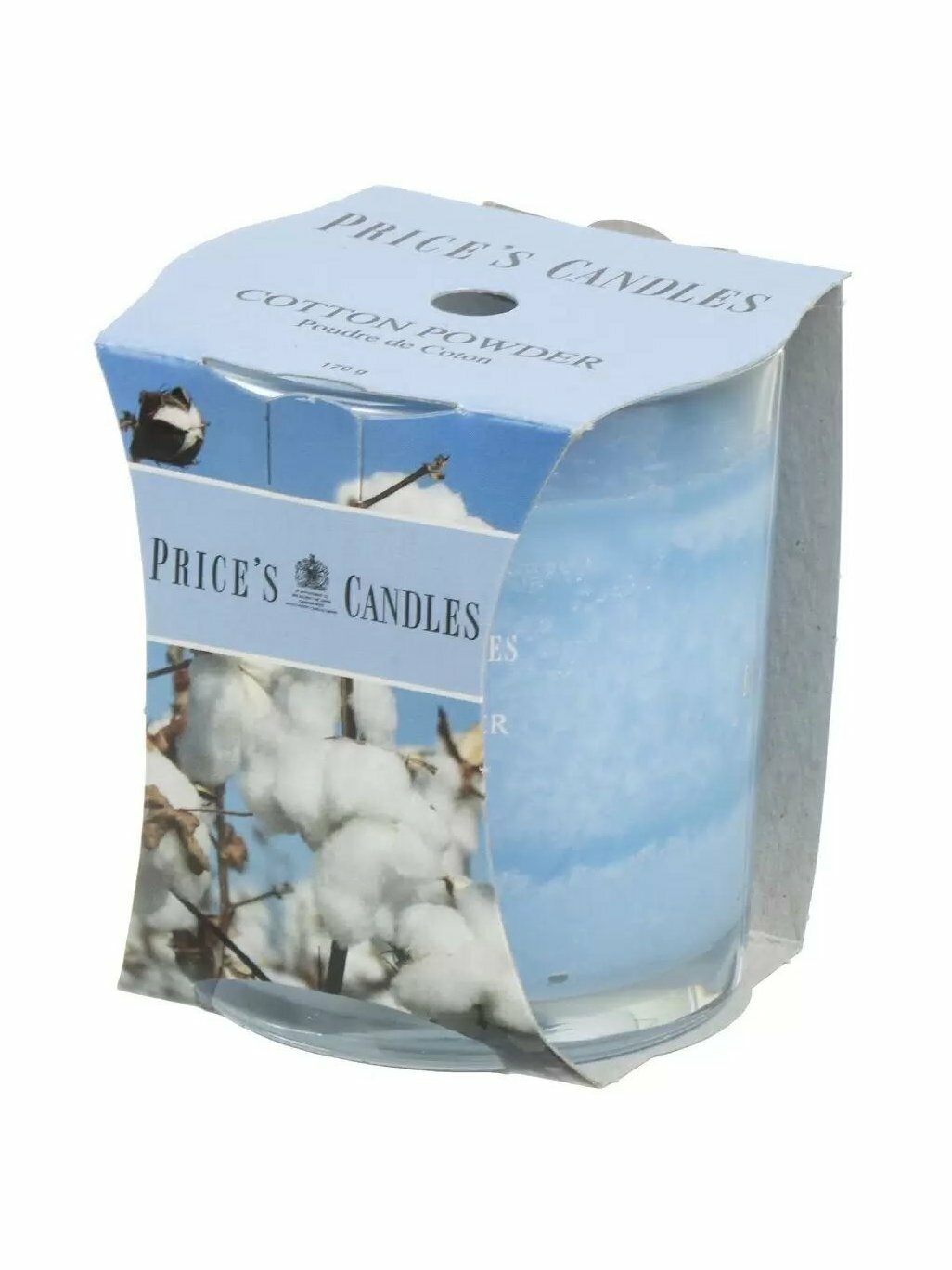 Ароматическая свеча Prices's Candles «Хлопковая пудра», 170 г, голубая, в стакане, горение 45 ч
