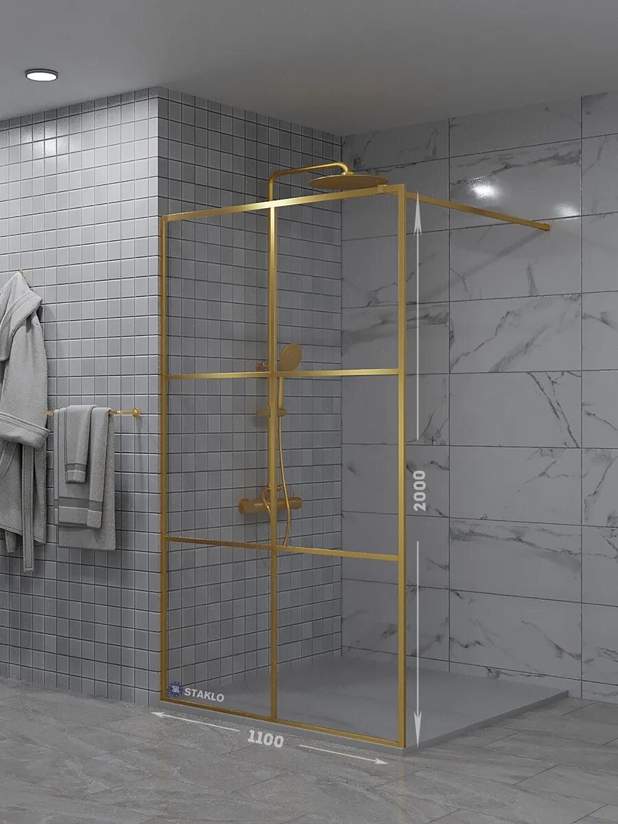 Loft душевая одиночная перегородка staklo 110x200 из осветленного стекла золото фурнитура