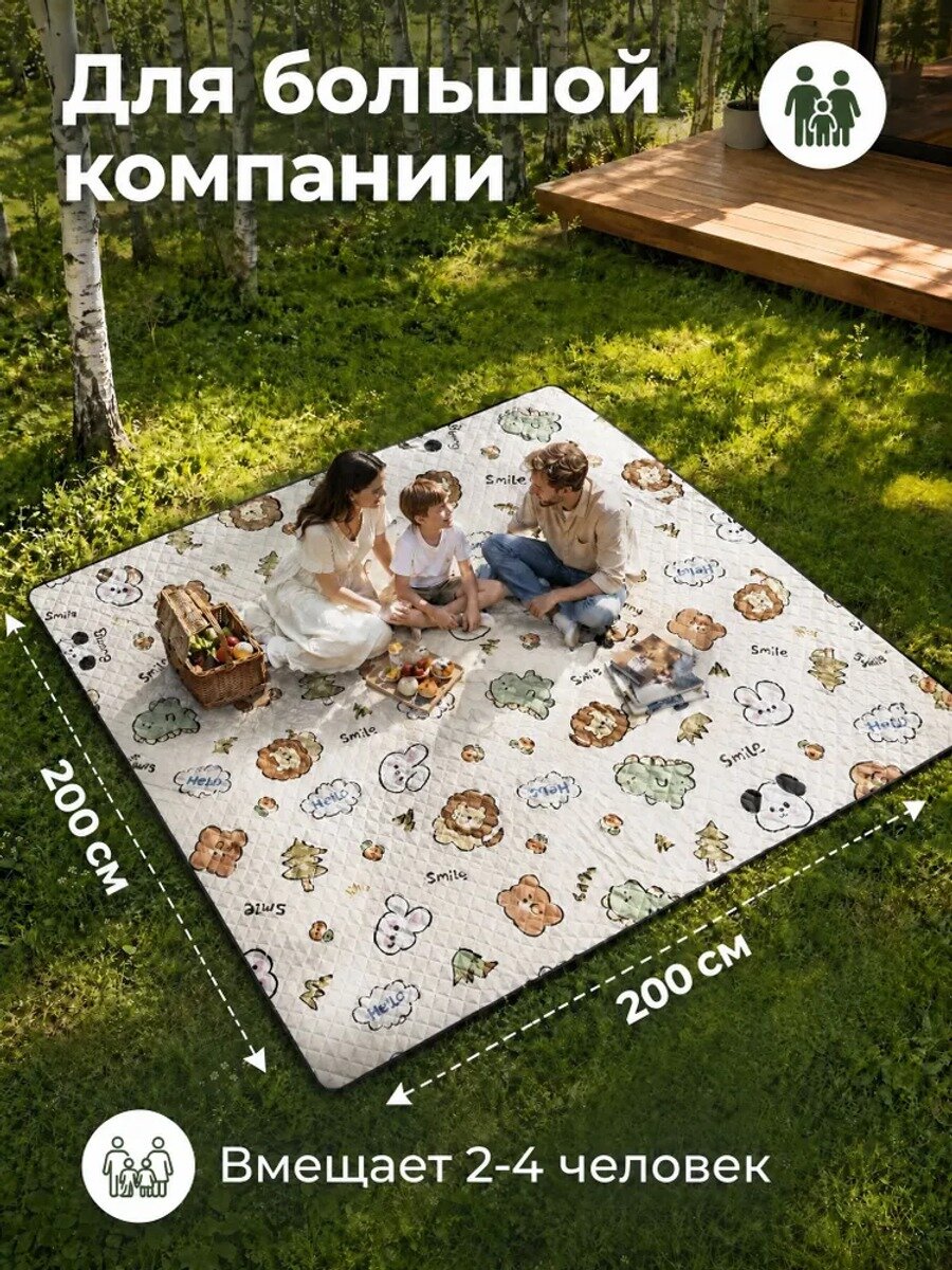Плед 200x200 см непромокаемый для пикника бирюзовый, семейный, 1 шт