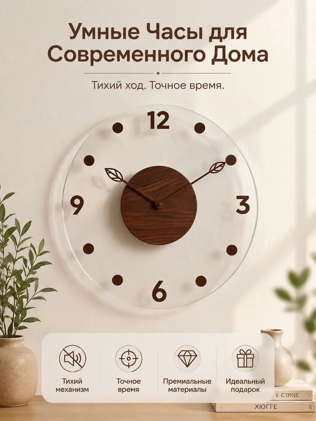 Настенные часы 30 см х 30 см тихий механизм шоколадный