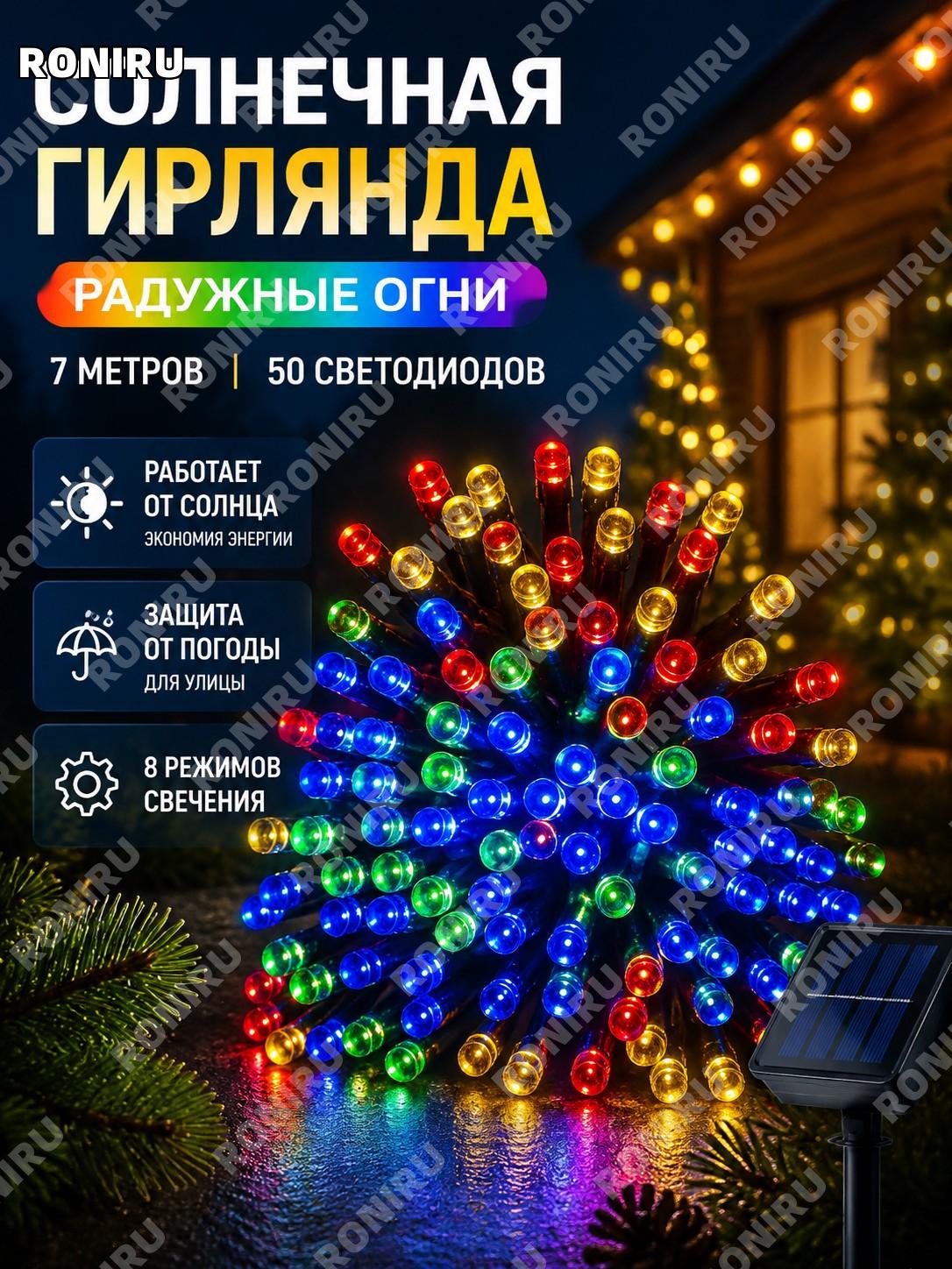 Солнечная гирлянда из голых лампочек цветная 7 м 50 ламп 8 режимов для сада двора праздника уличный декор дом