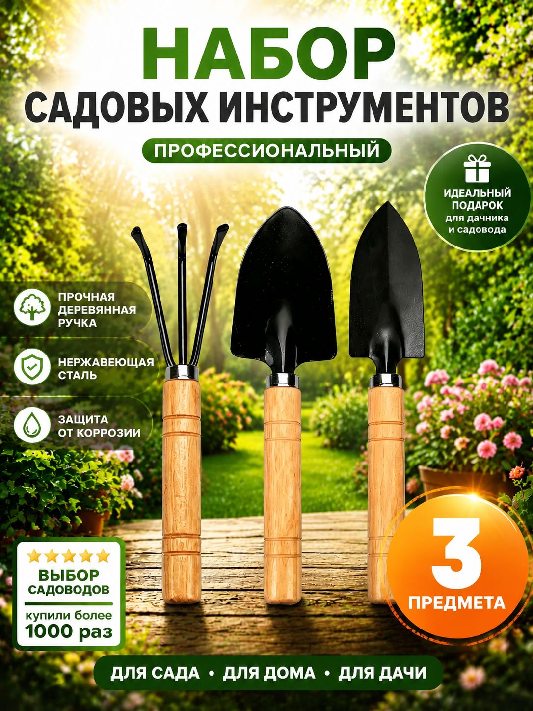 Набор садовых инструментов 3 предмета для работы с рассадой и растениями, подходит для цветочных горшков/совок, лопатка и