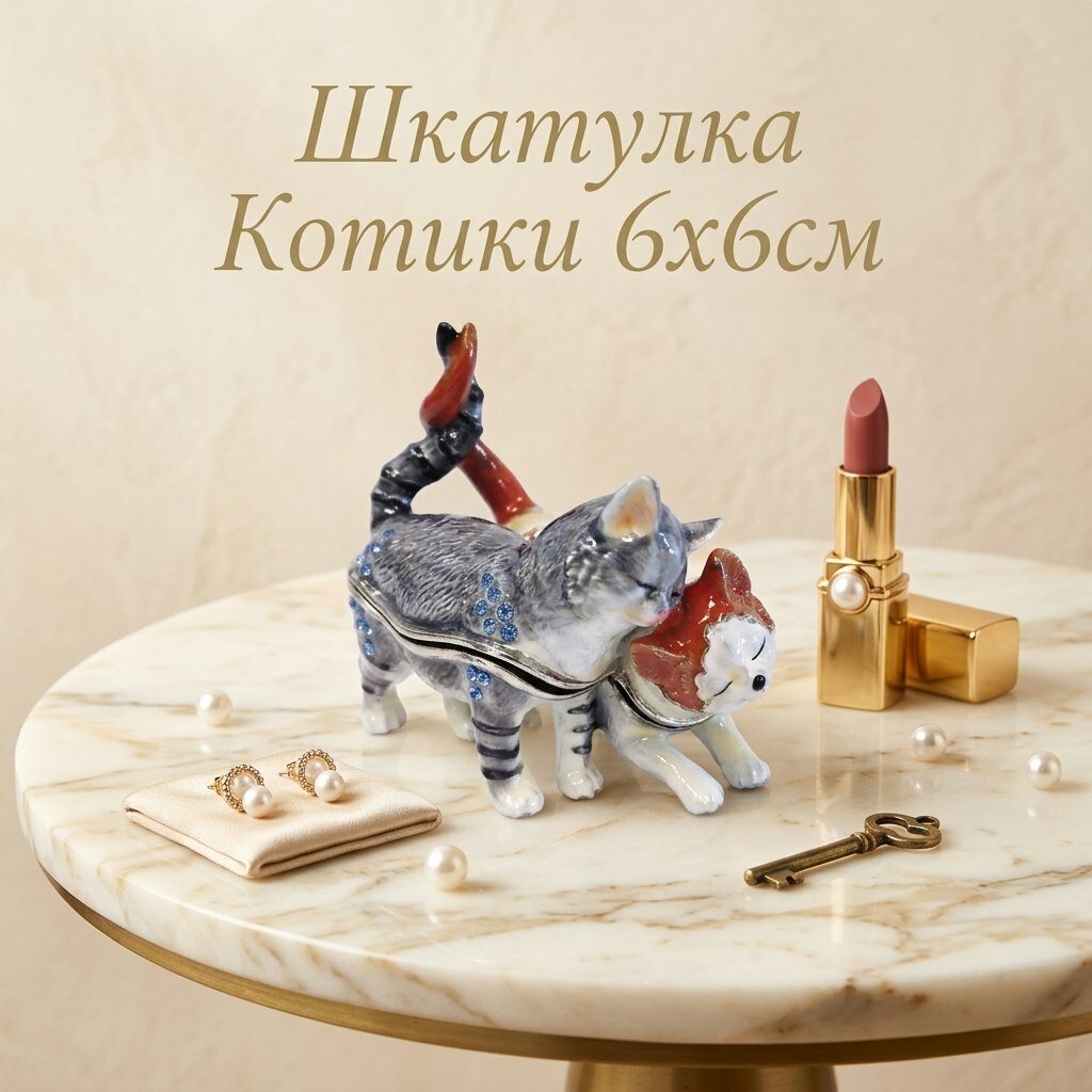 Шкатулка Котики Парные со стразами, металл, в стиле Фаберже