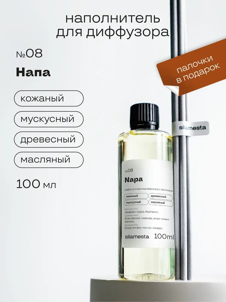 Наполнитель для диффузора №08 Напа / Napa / кожа ароматизатор с палочками, 100 мл