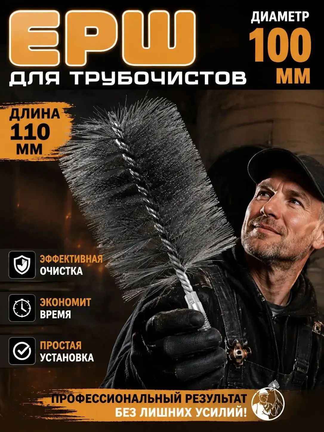 Ершик для чистки печных труб от сажи, размер 18,5 10 см, диаметр 100 мм, резьба М12, для очистки и удаления ржавчины