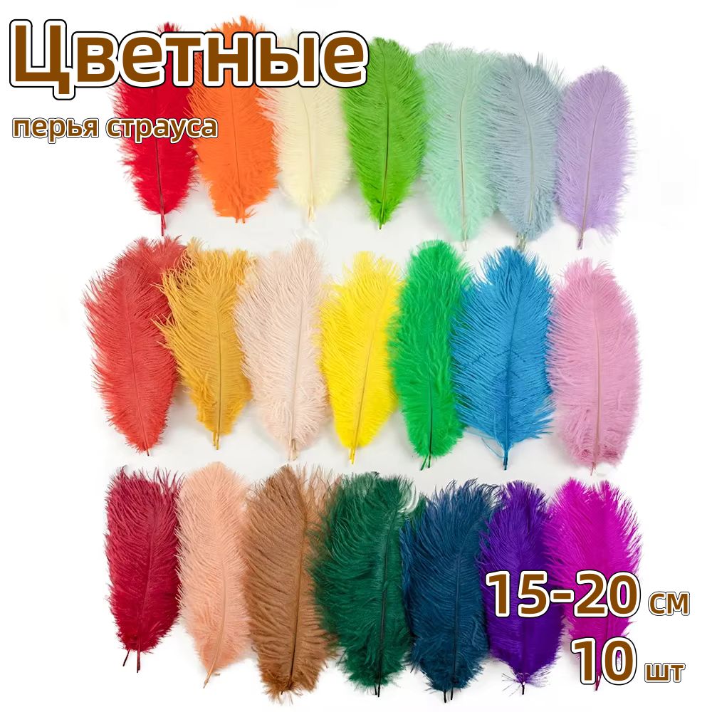 Перья страуса цветные 10-40 см, 10 шт. Страусиные перья для декора свадеб, домашних ваз и светильников (Плюмаж)