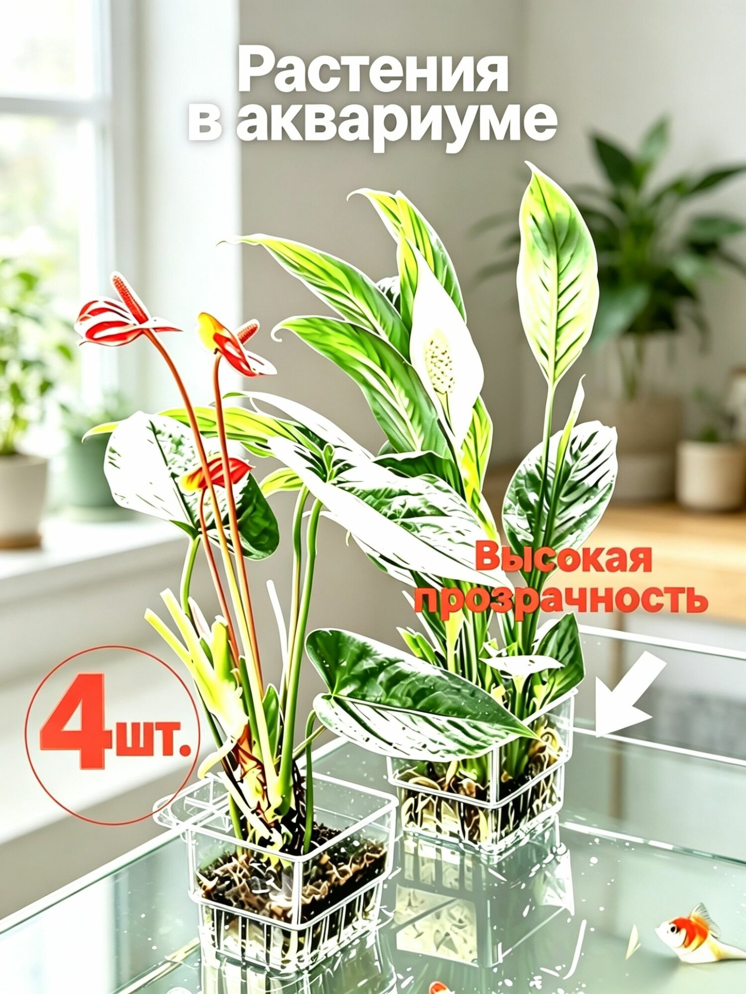 Комплект из 4 премиум держателей для аквариумных растений, плавающие гидропонные горшки 8 на 8 на 5.7 см изготовлены из прозрачного акрила