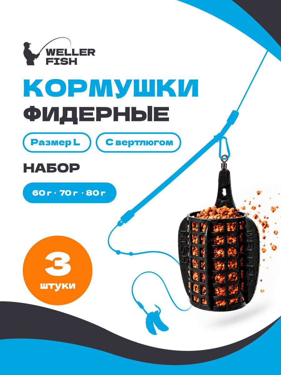 Набор фидерных кормушек для рыбалки 3 шт. ( 60,70,80 г.) с вертлюгом, черный, размер L