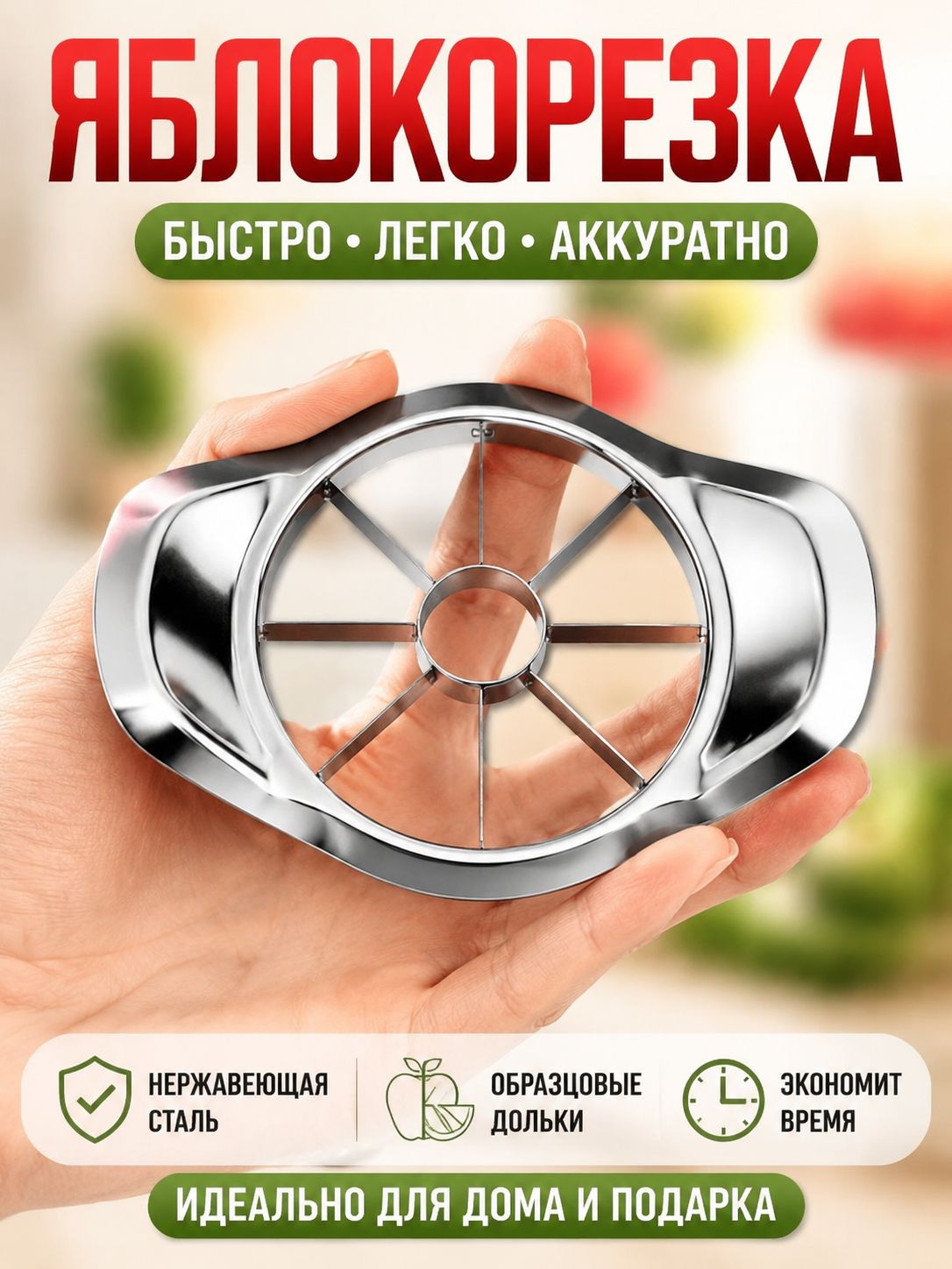 Яблокорезка из нержавеющей стали, ручной разделитель фруктов на равные дольки для кухни, 1 штука