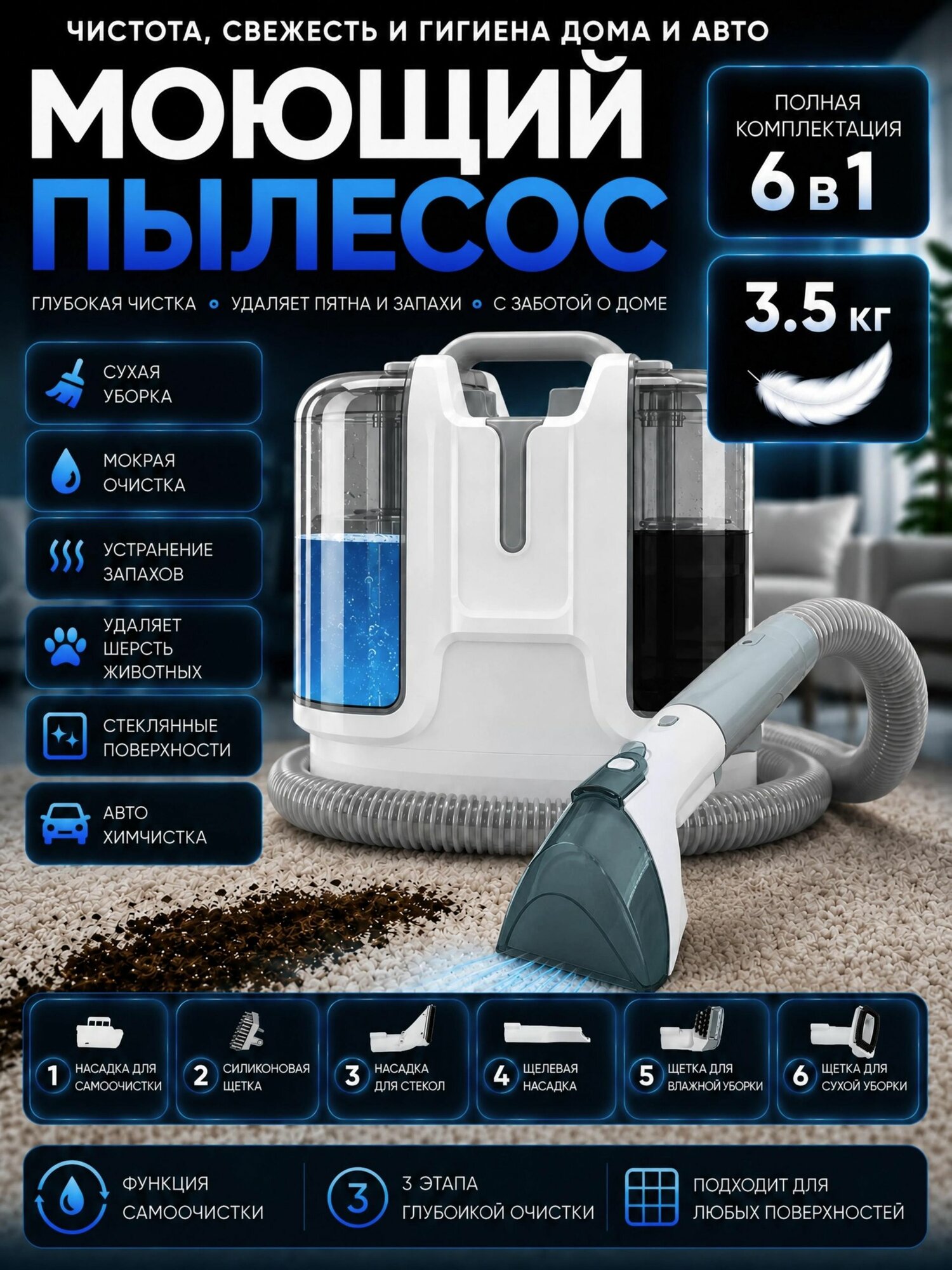 Моющий пылесос для мебели, ковров, авто