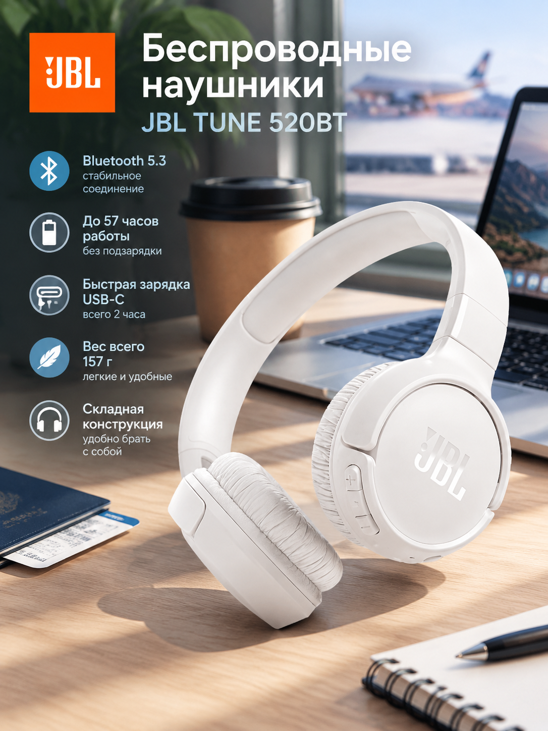 Полноразмерные беспроводные наушники Bluetooth с микрофоном, складные, белого цвета