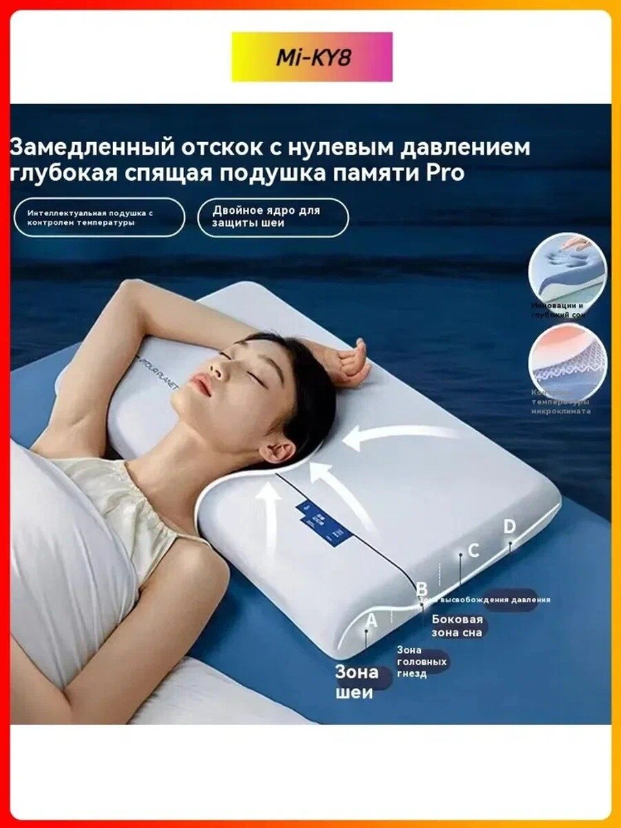 Ортопедическая подушка Xiaomi 40x70 см с эффектом памяти, высота 8 см, наполнитель холлофайбер