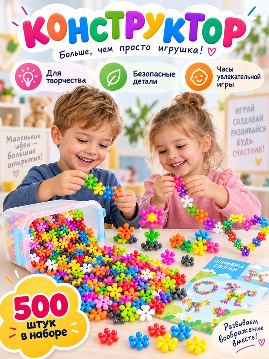 Конструктор детский пластиковый Снежинки 500 деталей в контейнере для мальчика и девочки