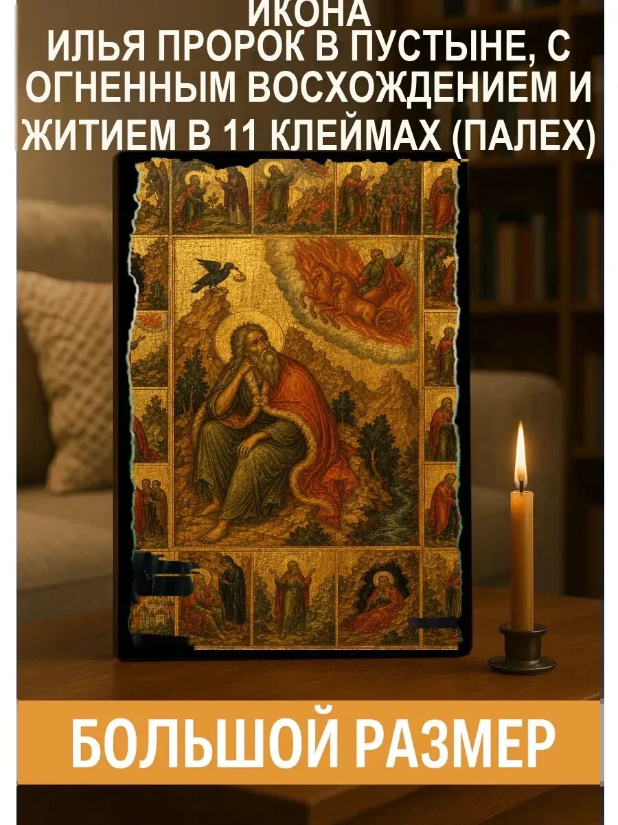 Икона Илья Пророк в пустыне, с Огненным восхождением и житием в 11