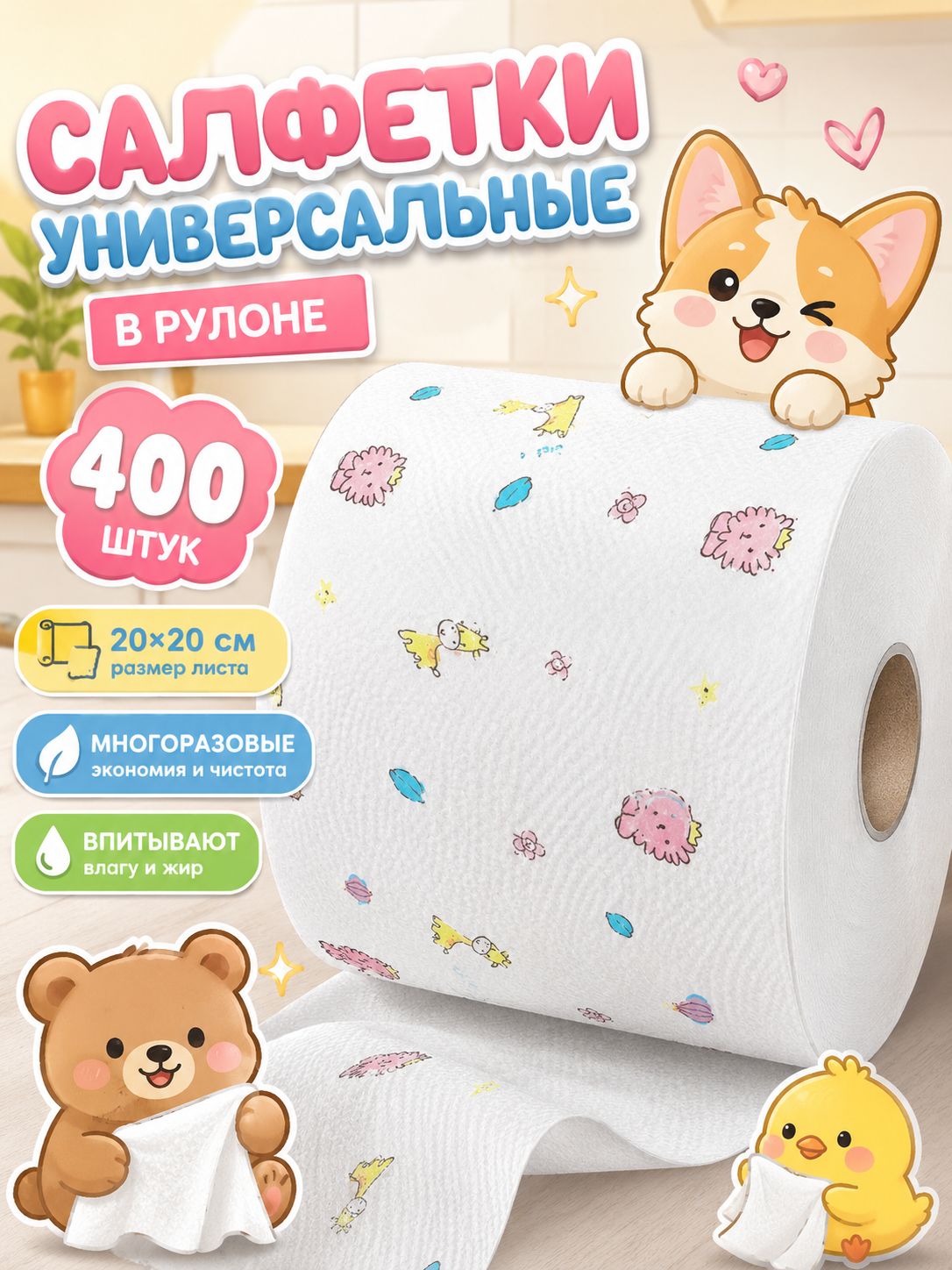 Салфетки для уборки, Белый, 20x20 см, 400 шт.