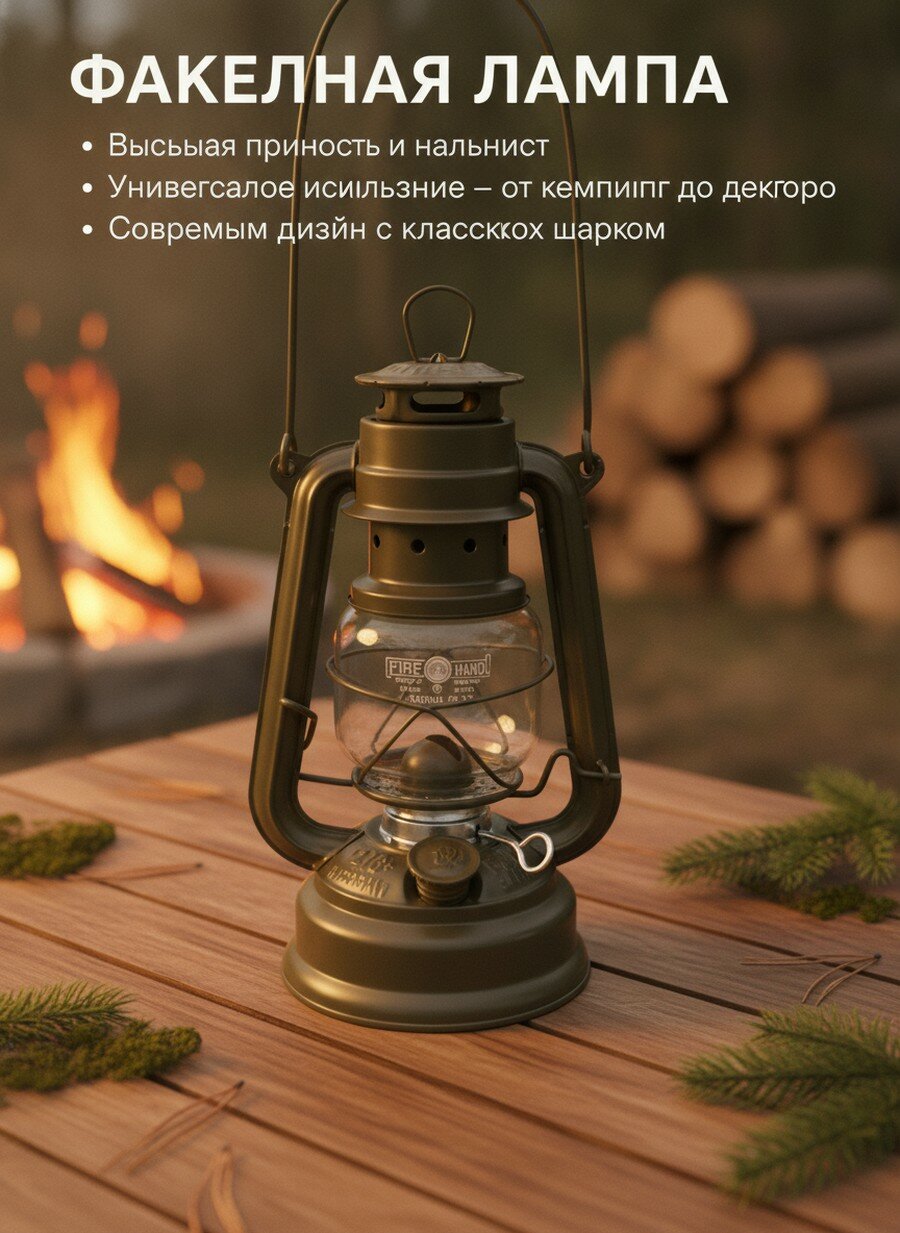 Ретро керосиновый фонарь ручной, матовый оливковый, 26x15.5x13 см, Кинетическое питание, Для кемпинга и походов