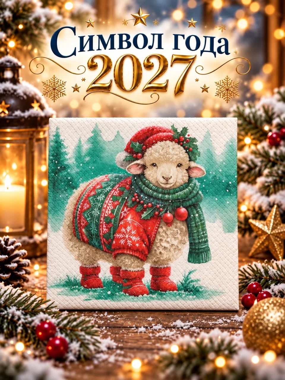 Салфетки бумажные новогодние Символ года 2027 Модная Овечка 33*33 3-х слойные 20 листов Bouquet