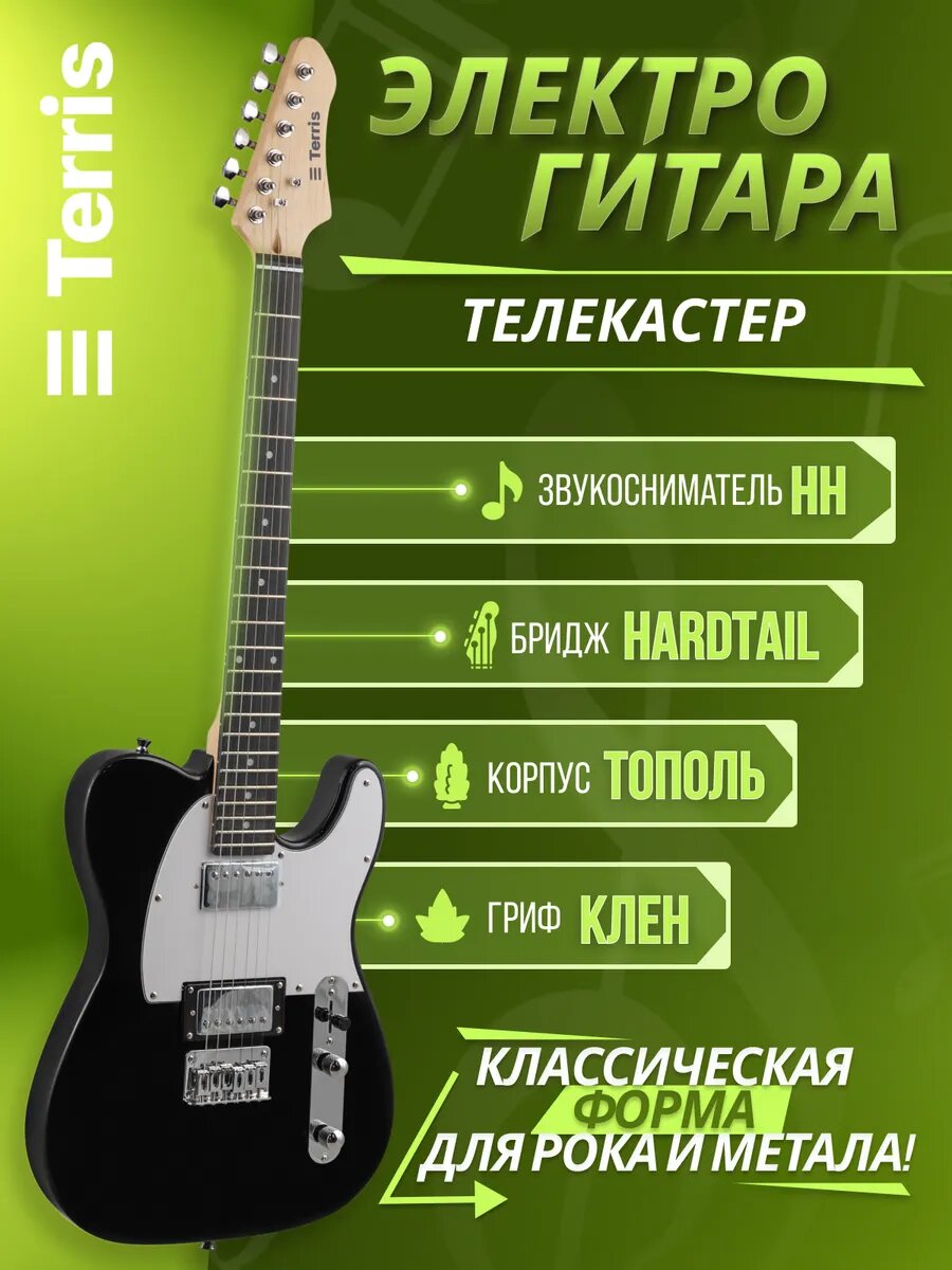 Электрогитара TERRIS телекастер TTL-145 BK, тополь, HH, 1V, 1T