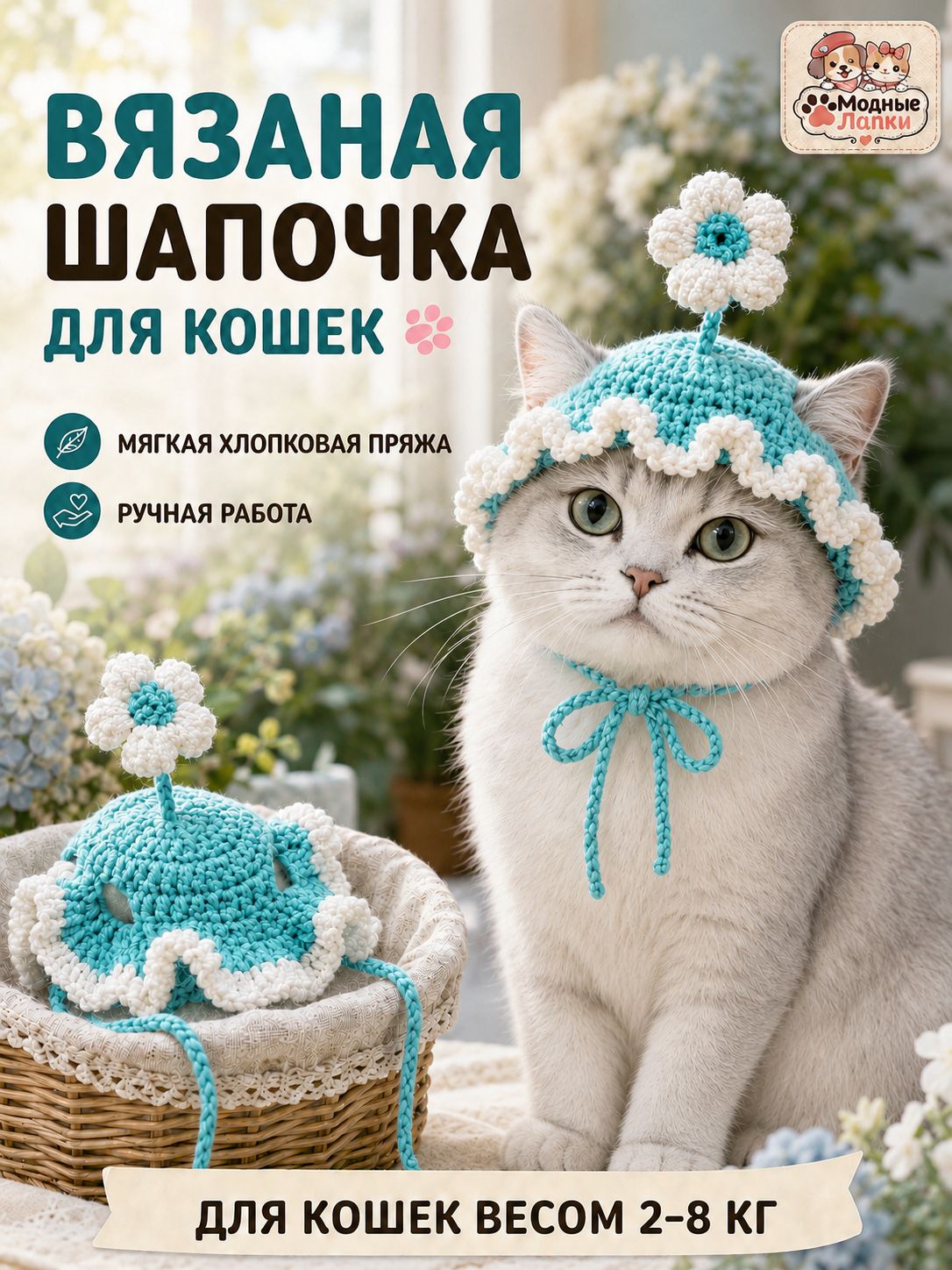 Вязаная шапочка для кошек и собак мелких пород с цветком, до 30 см
