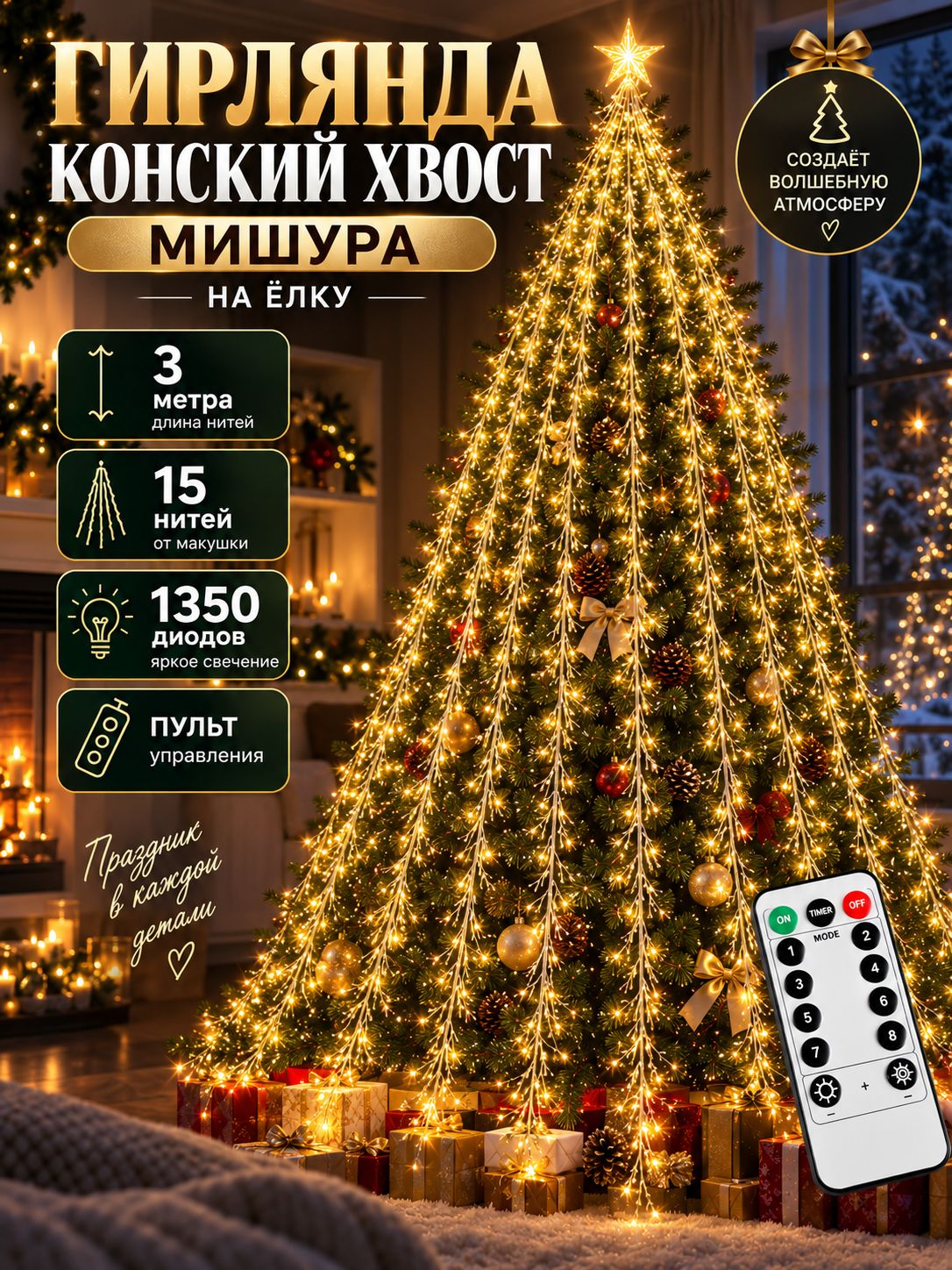 Гирлянда конский хвост мишура на елку 3 метра