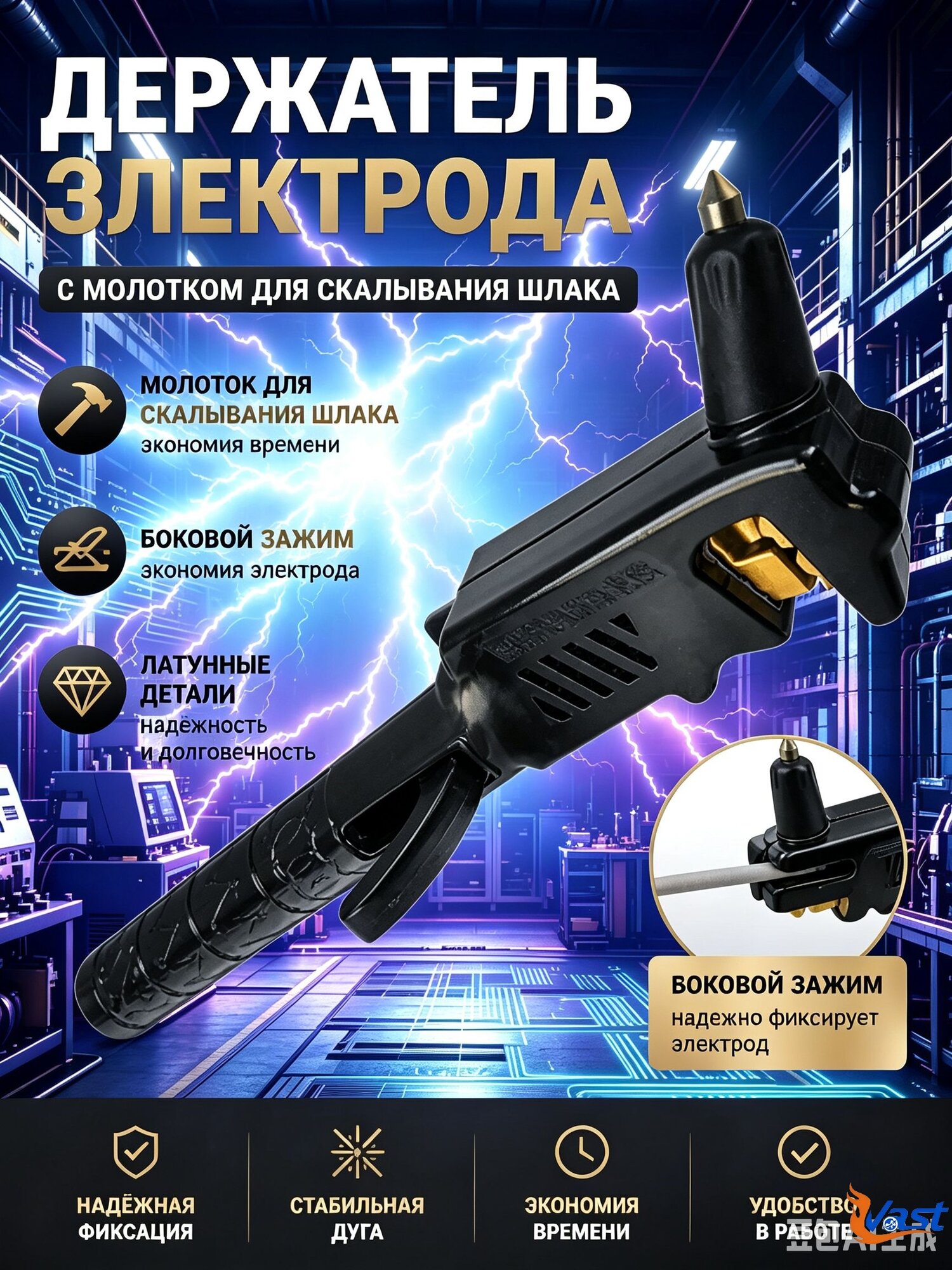 Компактный аппарат для мощной дуговой сварки с пружинным фиксатором электрода и противоскользящим изолированным держателем