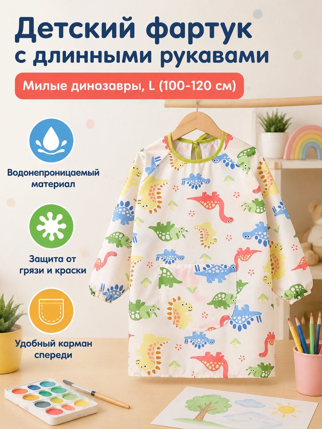 Детский водонепроницаемый фартук для рисования с длинными рукавами, размер L (100 120 см), принт милого динозавра