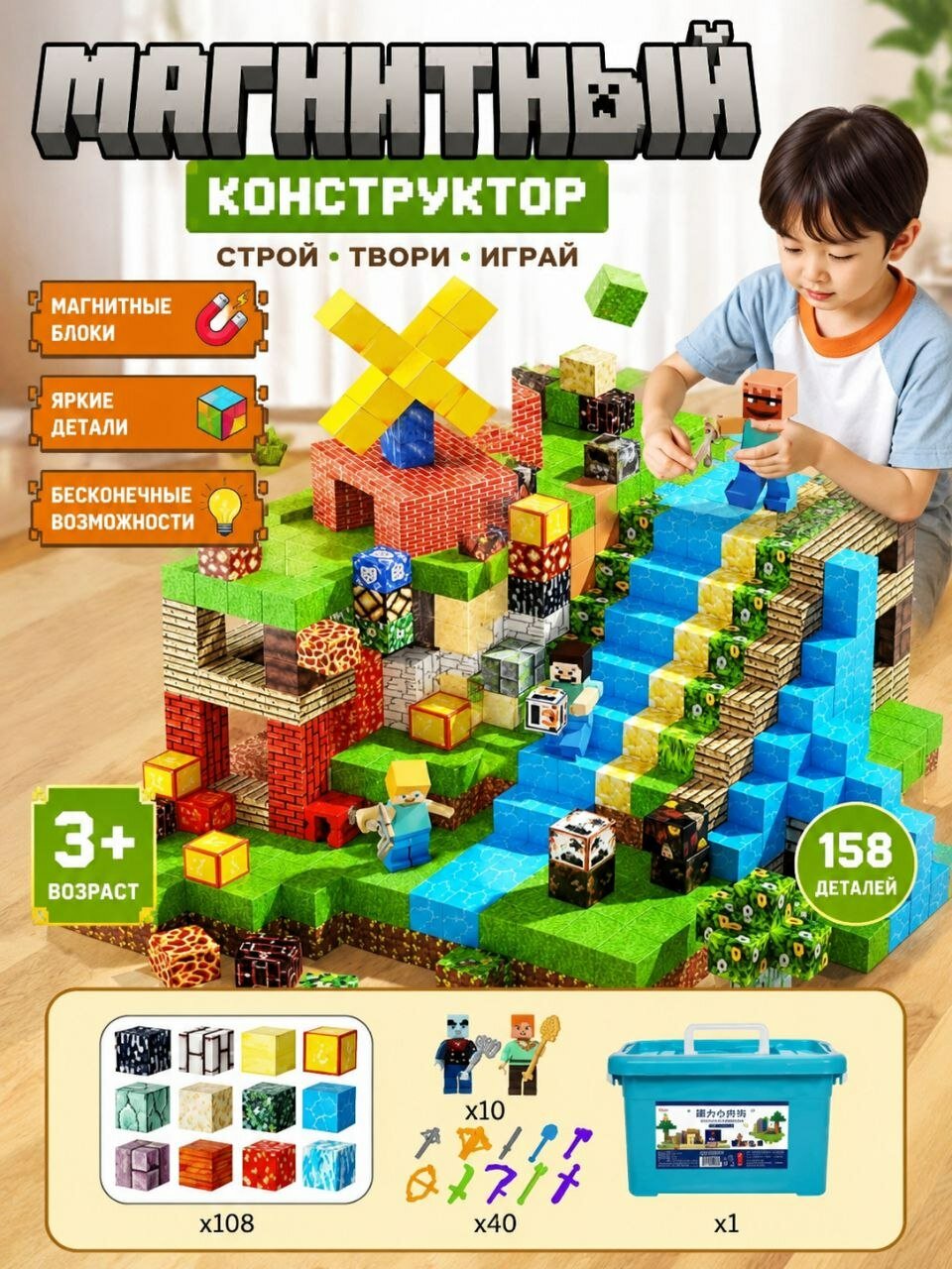 Майнкрафт, магнитные строительные блоки, сделай сам, 108 шт, Minecraft магнитный конструктор 108 блоков