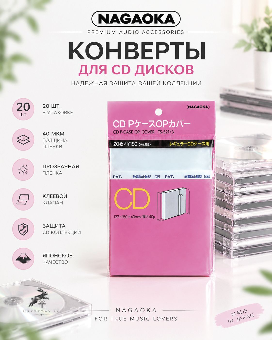 Конверты с клапаном Nagaoka TS-521/3 для защиты и бережного хранения CD дисков, компакт-дисков, CD-ROM компьютерных дисков