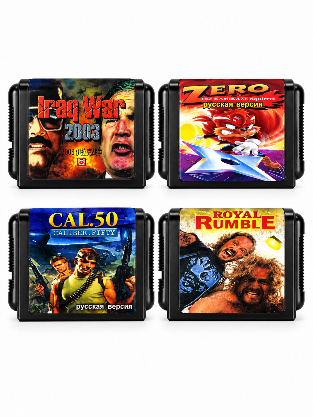 Картридж для SEGA, картридж с играми, набор 4 шт. Iraq War + Cal.50 + Zero Kamikaze Squirrel + Royal Rumble
