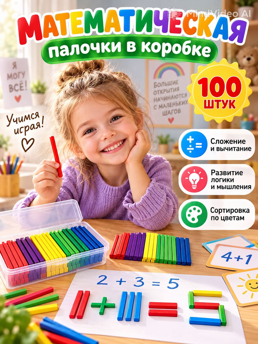 Счетные палочки для школы100 штук, 5 цветов, в комплекте с контейнером для хранения, предназначены для обучения счету детей дошкольного возраста